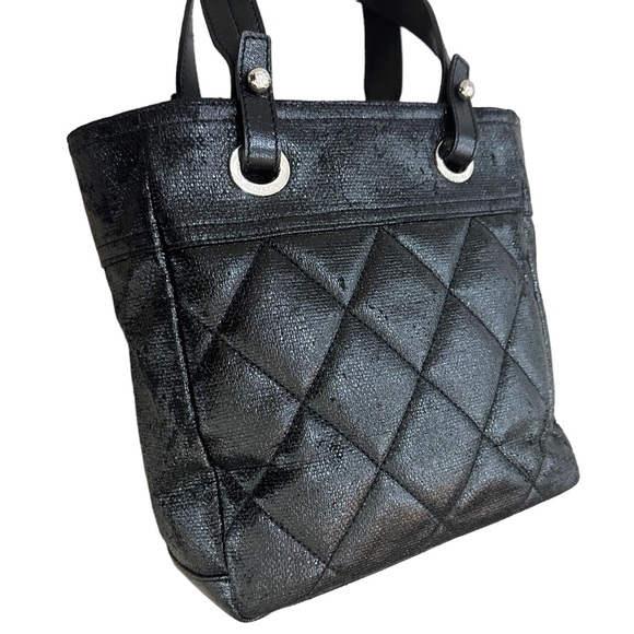 Chanel Paris Biarritz Tote PM Black Coated Canvas Leather Women's Tote Bag Black - Picture 3 of 12
